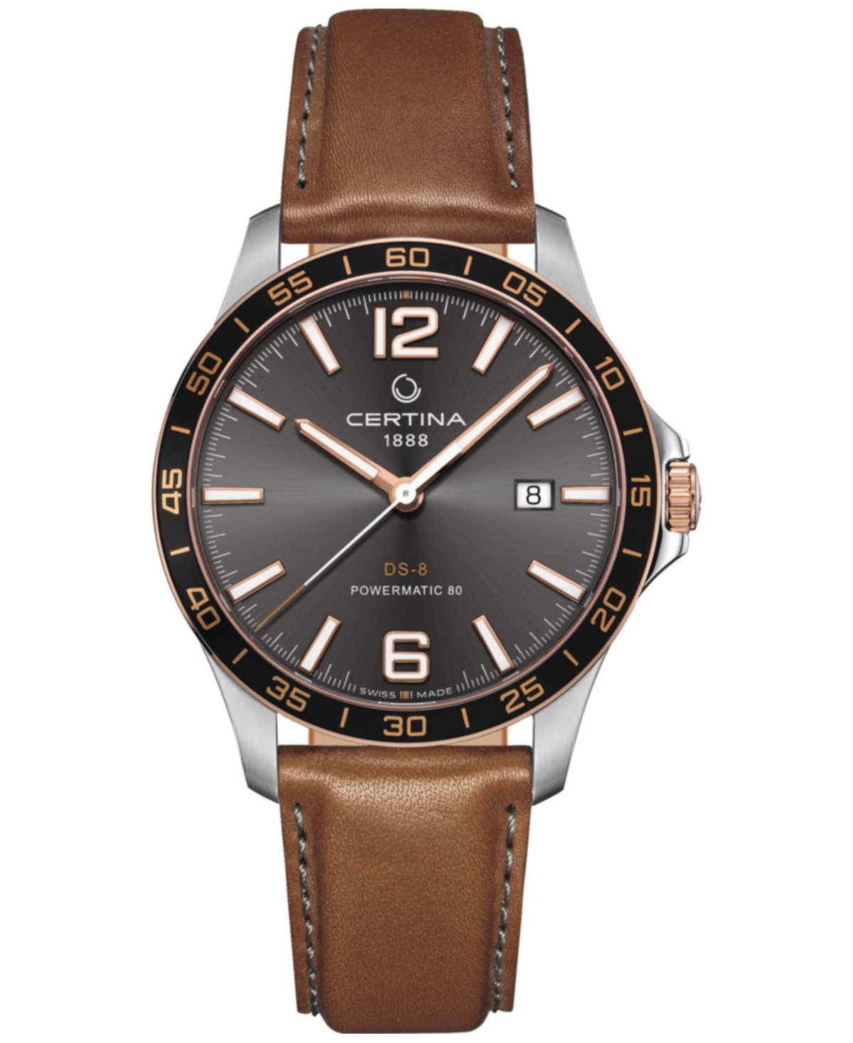 Certina Men's Swiss Automatic Ds-8 Brown Leather Strap Watch 41mm In Grey