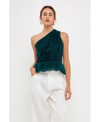 Women's One Shoulder Shirred Tulle Top