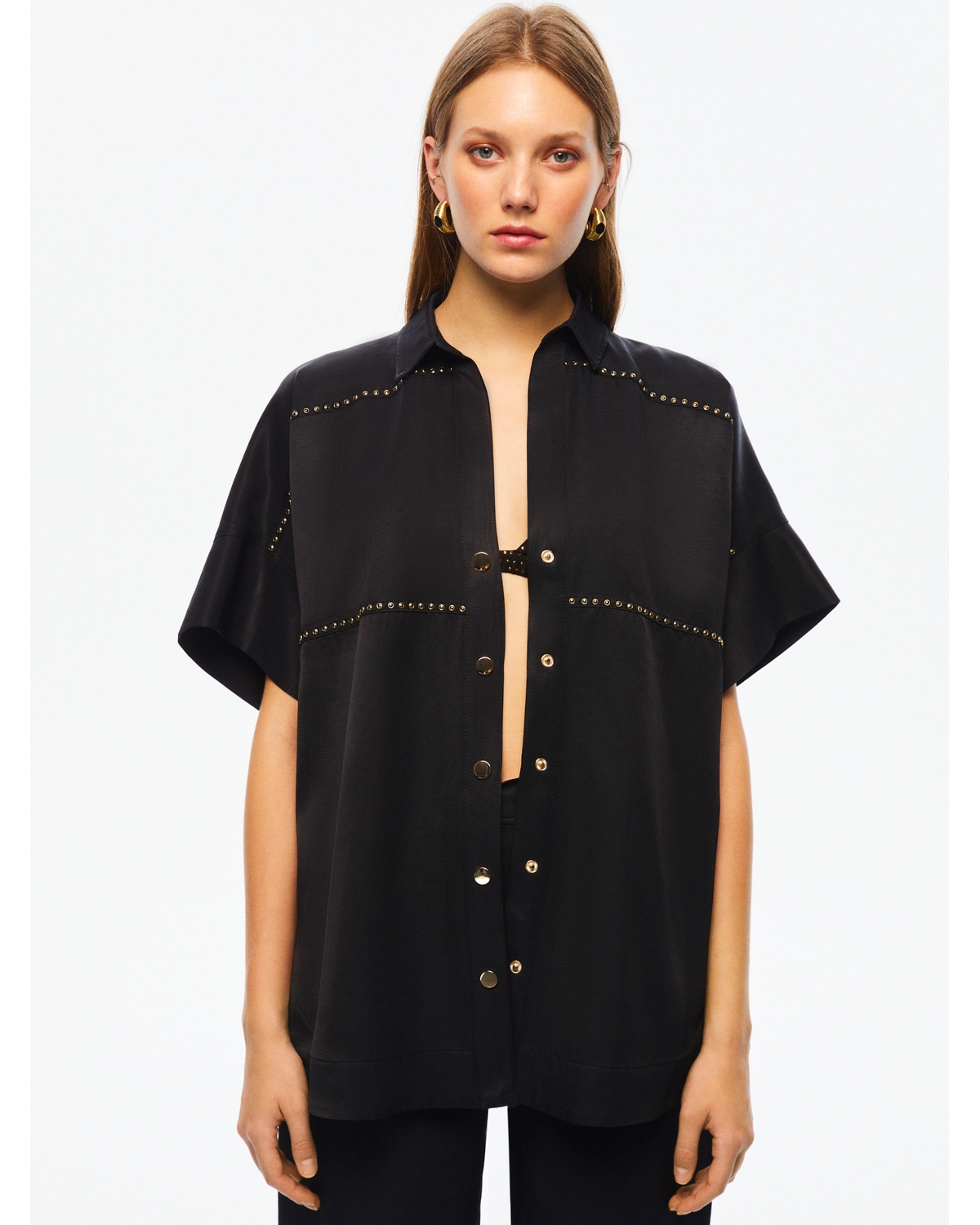 Women's Flat Studded Oversized Shirt - Black