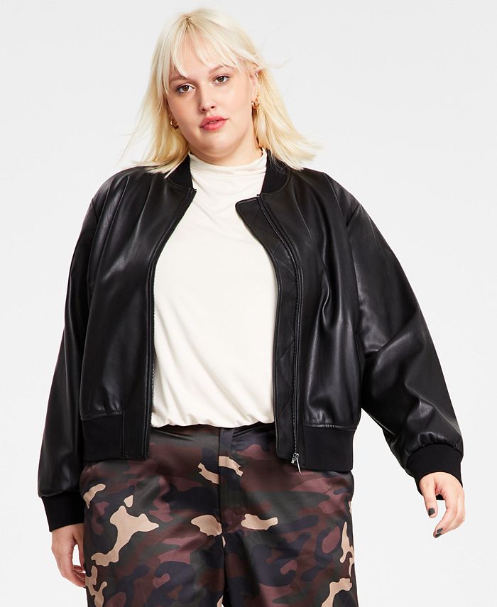 Rainbow Shops Womens Plus Size Faux Leather Zip Front Bomber Jacket, Black,  Size 3X