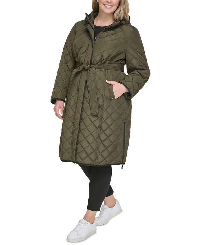 DKNY Women's Plus Size Hooded Belted Quilted Coat - Macy's