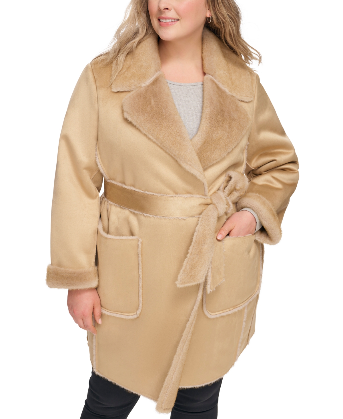 Dkny Women's Plus Size Belted Notched-collar Faux-shearling Coat In Camel
