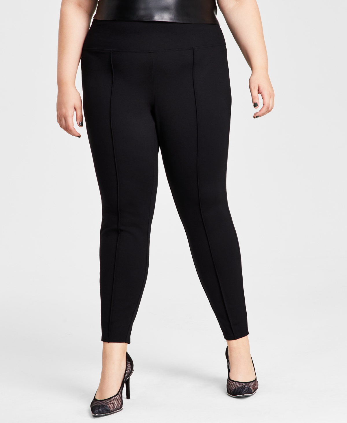 Bar Iii Plus Size High-rise Ponte-knit Leggings, Created For Macy's In Deep Black