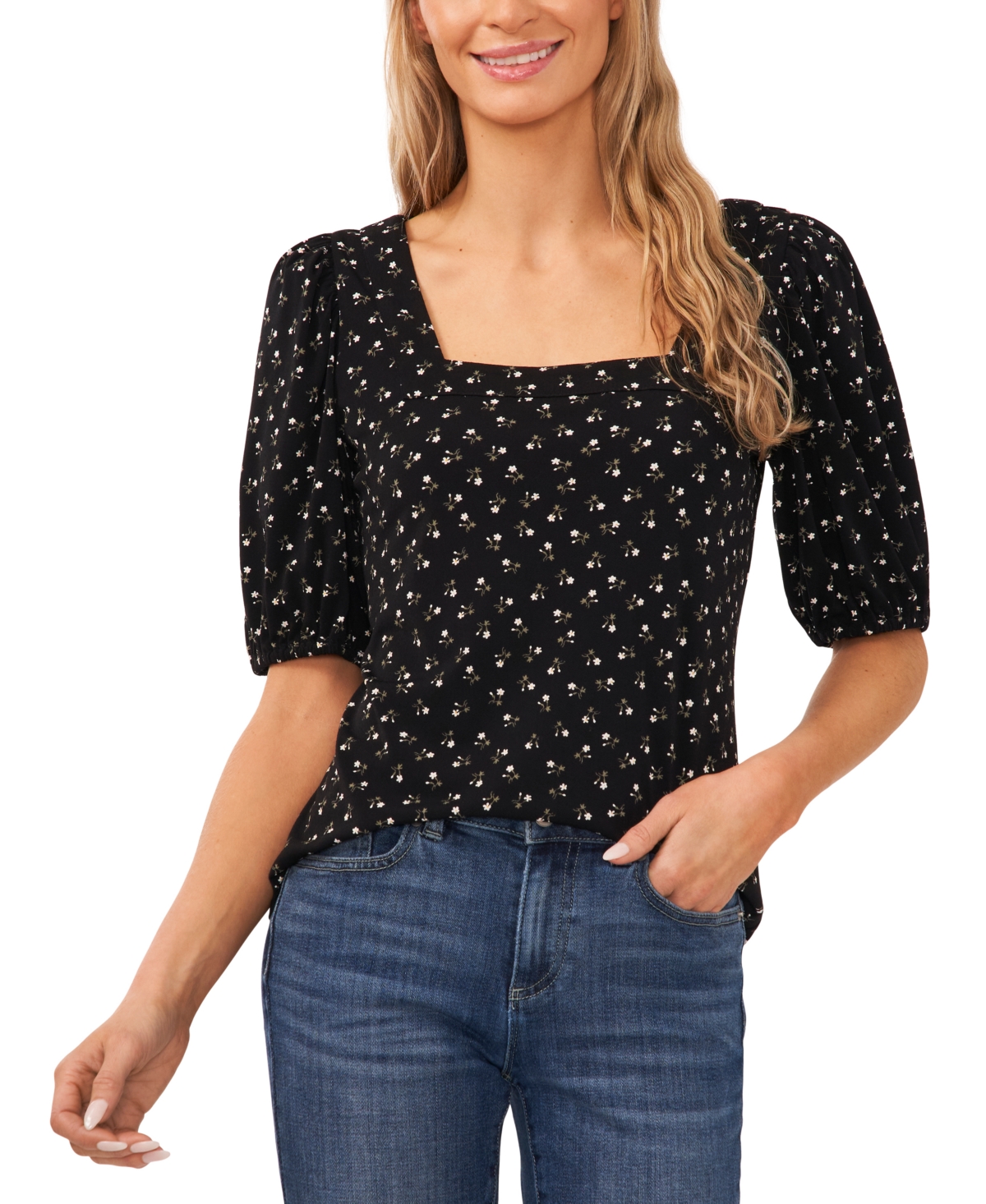 Shop Cece Women's Printed Square-neck Puff-sleeve Knit Top In Rich Black