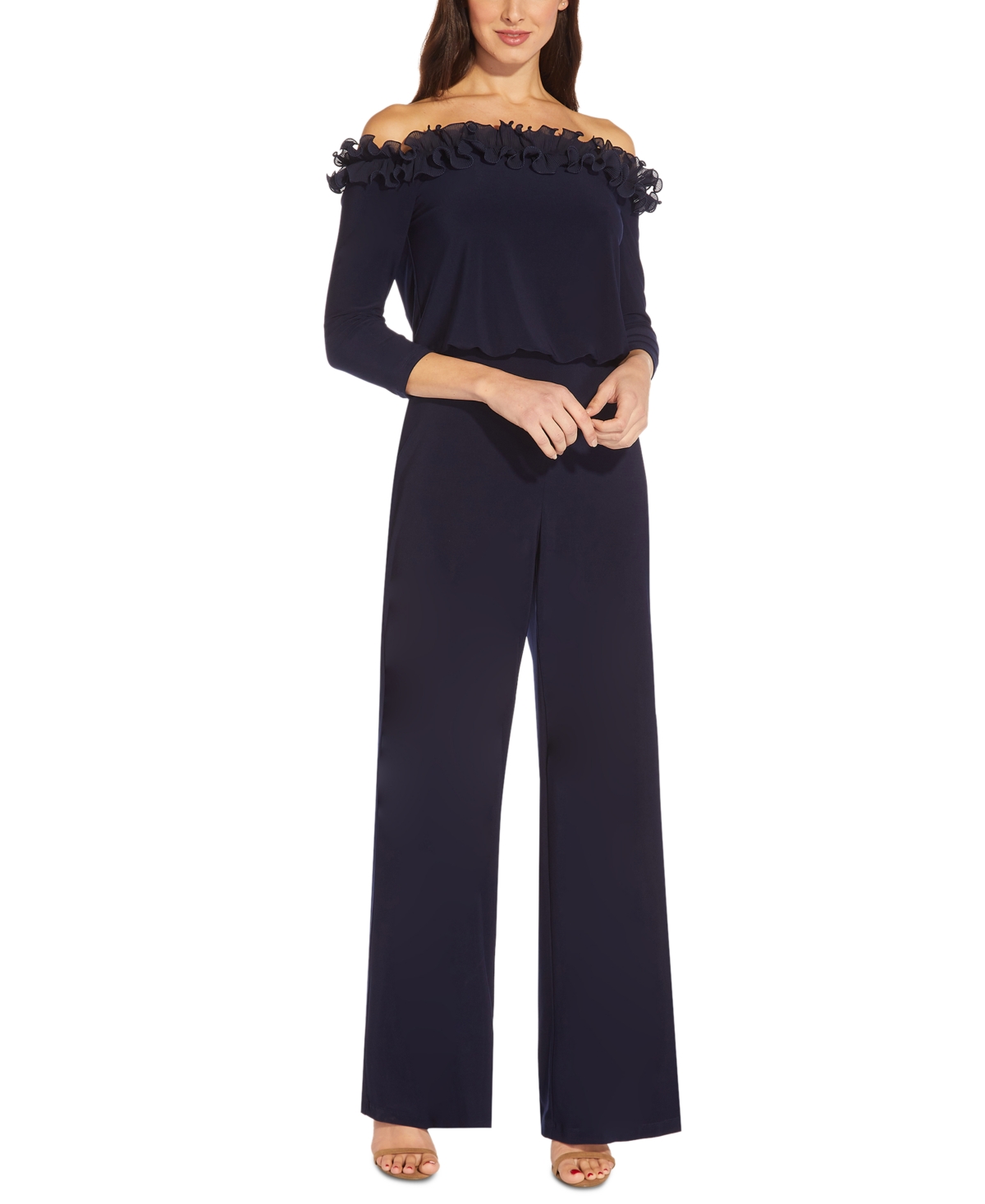 ADRIANNA PAPELL WOMEN'S OFF-THE-SHOULDER RUFFLED BLOUSON JUMPSUIT