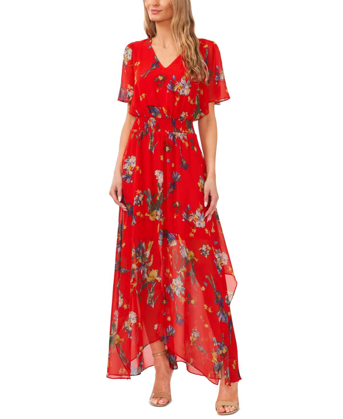 Cece Women's Smocked-waist Flutter-sleeve Maxi Dress In Fiery Red