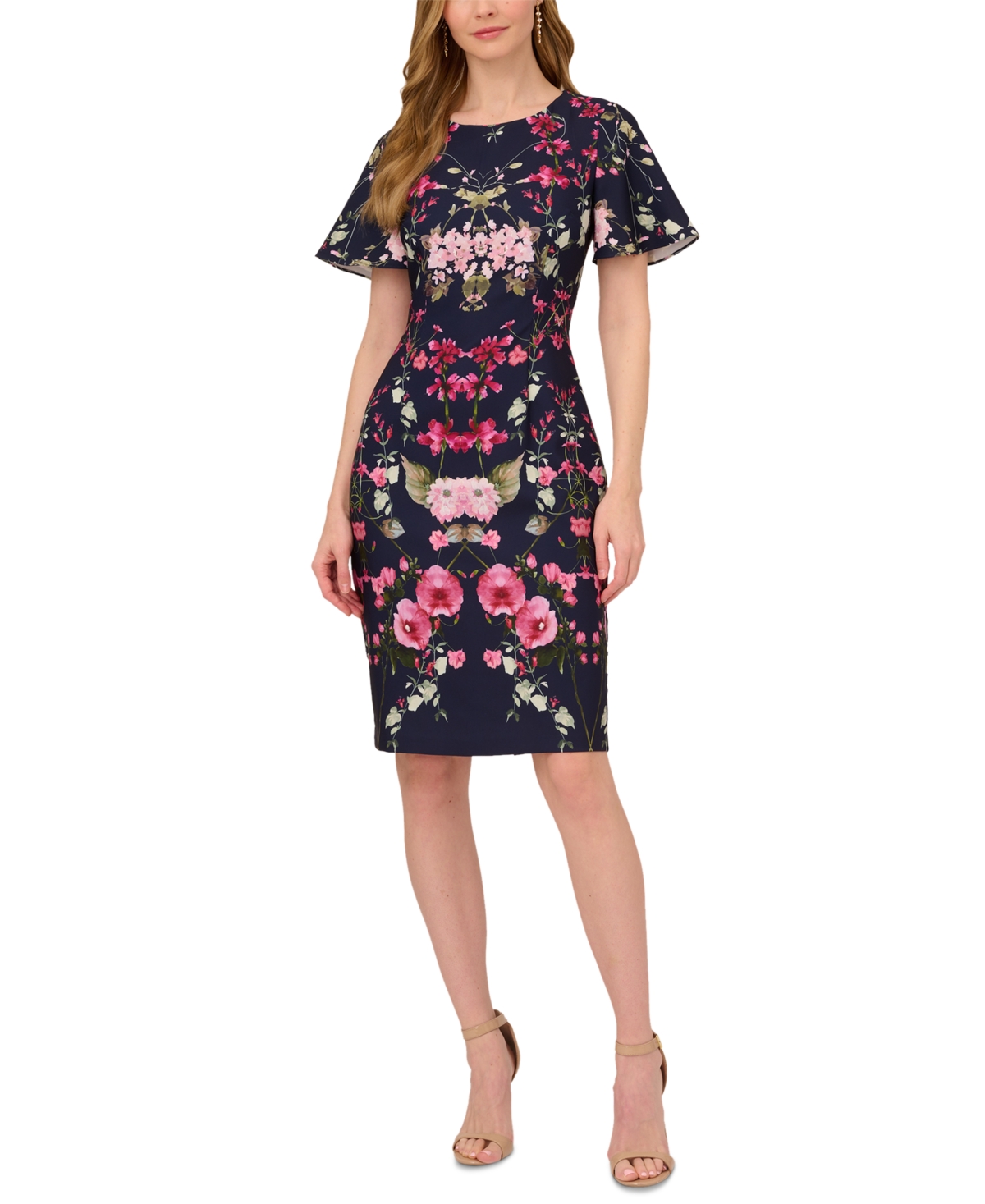 Shop Adrianna Papell Women's Floral-print Elbow-sleeve Crepe Dress In Navy Multi