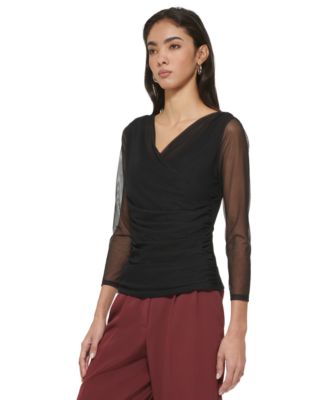 DKNY Women's Mesh Long-Sleeve Faux-Wrap Top