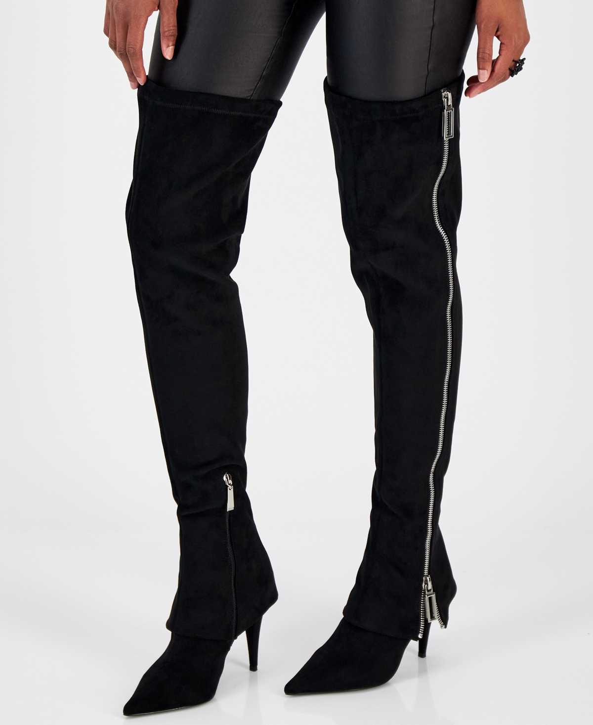 Womens Suede Thigh High Boots ( Manhattan) - Black suede with silver zipper