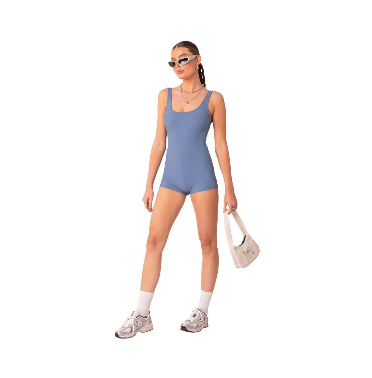 Edikted Drea Open Back Rib Romper In Blue