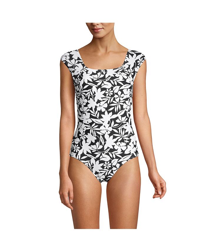 Lands' End Women's Chlorine Resistant Tummy Control Cap Sleeve X-Back One  Piece Swimsuit - Macy's