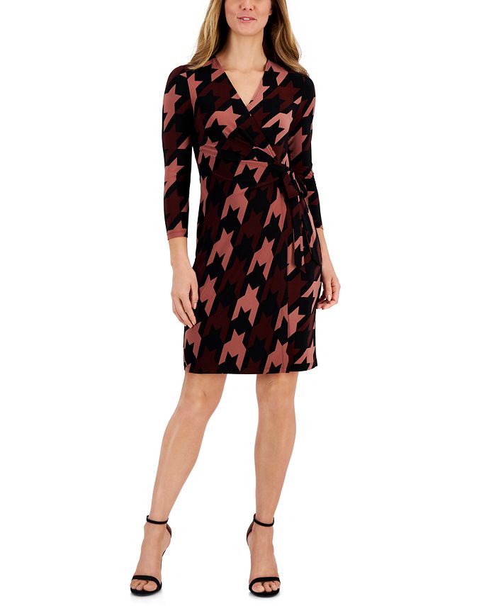 Anne Klein Women s Houndstooth 3 4 Sleeve Faux Wrap Dress Macy s