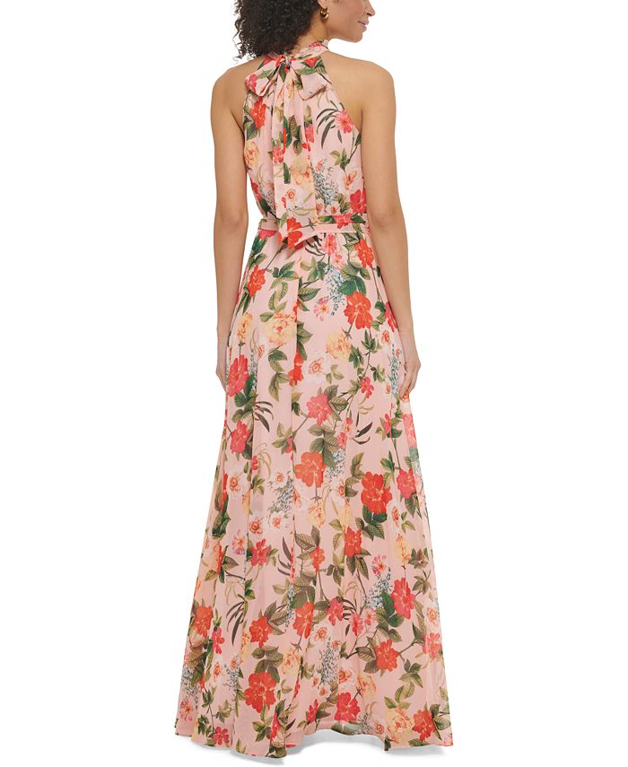 Long Halter Chiffon Gown with 3D Floral Neck Orange Plus Size main image 0