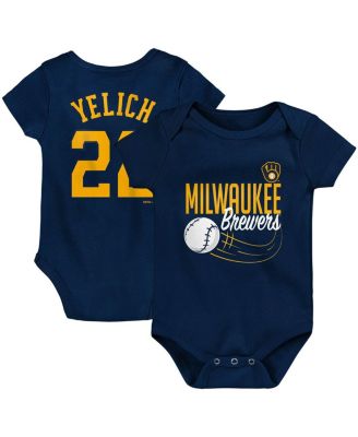Newborn and Infant Boys and Girls Christian Yelich Navy Milwaukee Brewers Slugger Name and Number Bodysuit