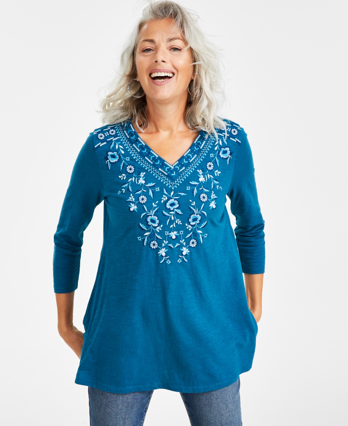 Style & Co Women's Cotton Embroidered 3/4-sleeve Tunic, Regular & Petite, Created For Macy's In Caspian Blue