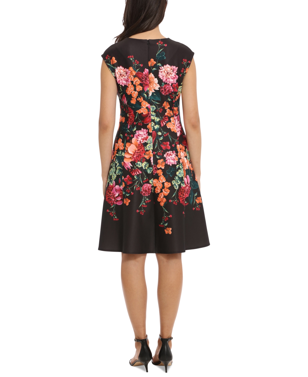 Shop London Times Petite Split-neck Floral-print Fit & Flare Dress In Navy Blue