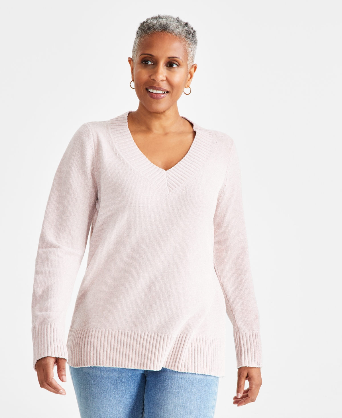 Style & Co Women's Chenille V-neck Tunic Sweater, Created For Macy's In Soft Pink