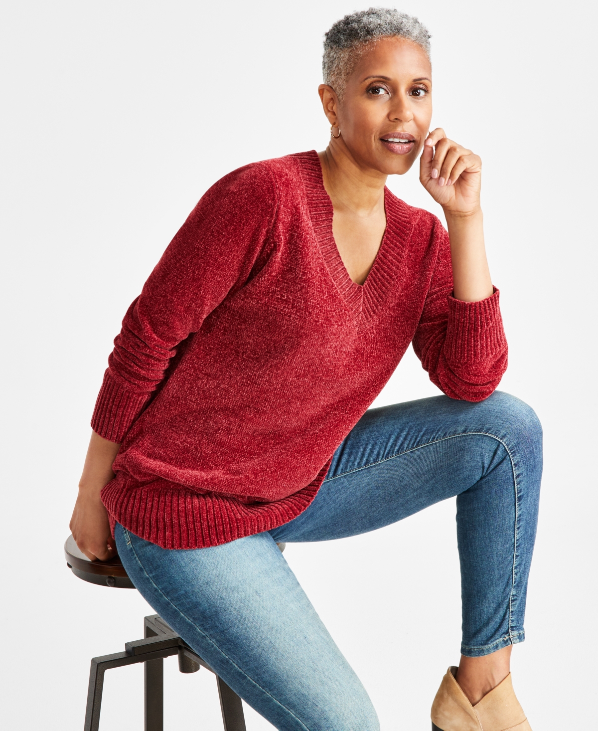 Style & Co Women's Chenille V-neck Tunic Sweater, Created For Macy's In Scarlet Crush