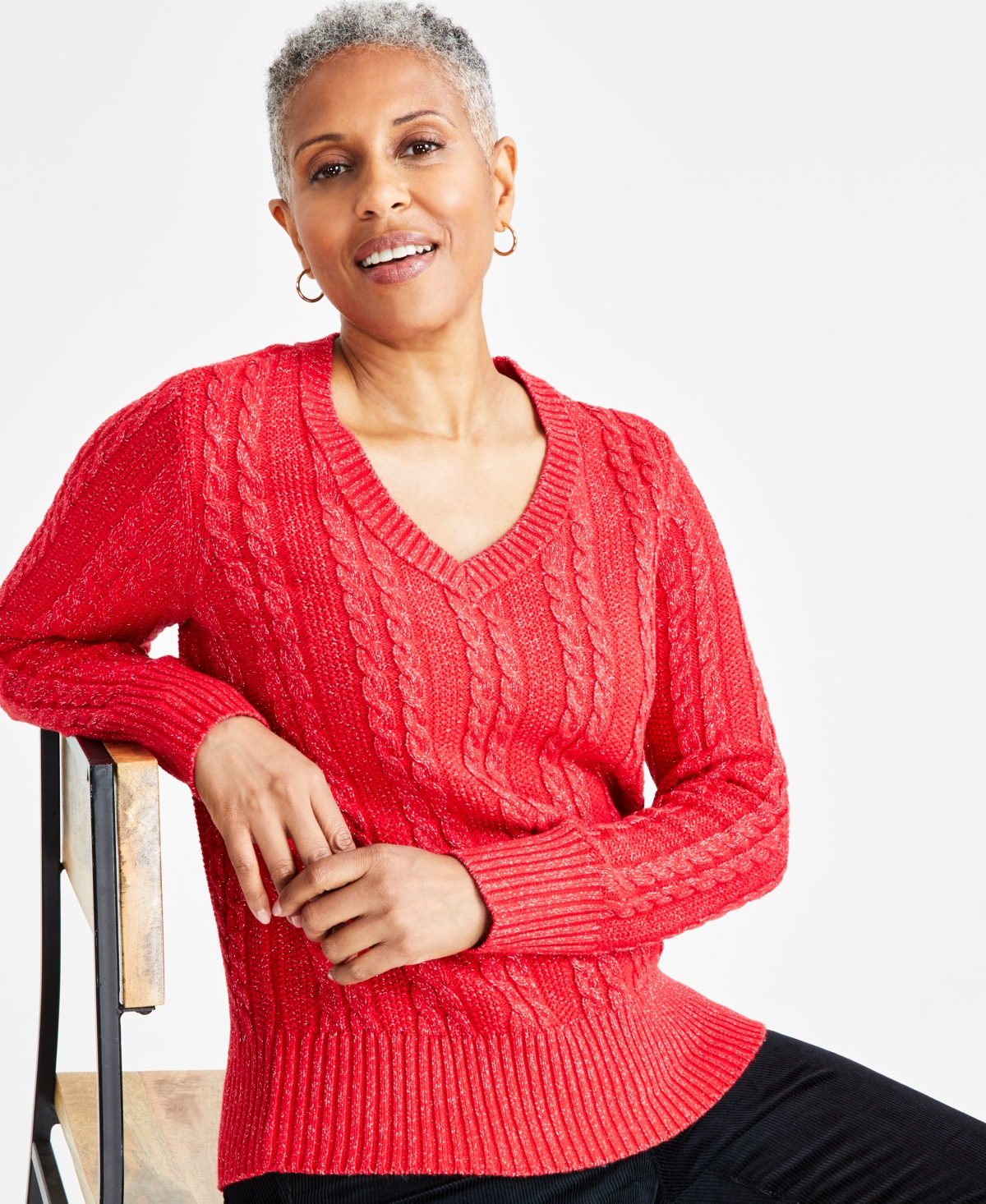 Style & Co Women's V-neck Shine Cable-knit Long-sleeve Sweater, Regular & Petite, Created For Macy's In Tango Red