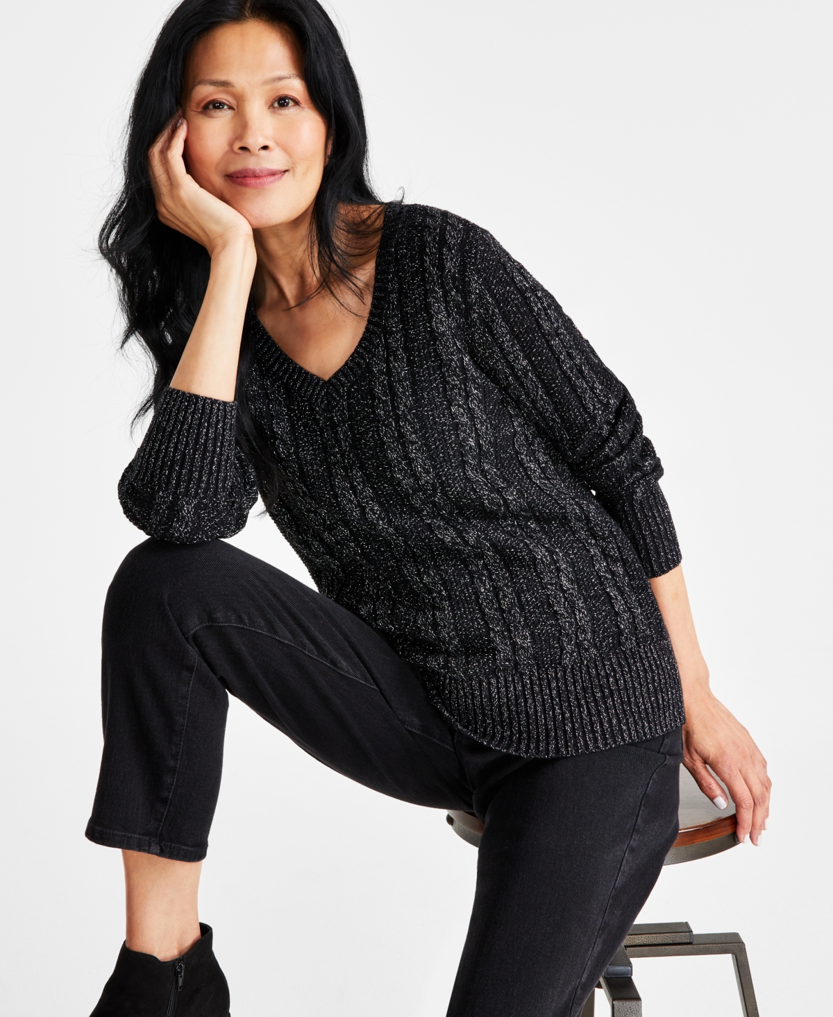 Style & Co Women's V-neck Shine Cable-knit Long-sleeve Sweater, Regular & Petite, Created For Macy's In Deep Black