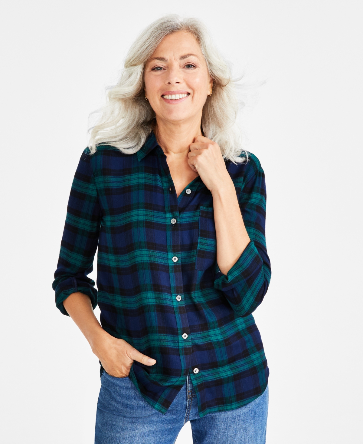 Style & Co Women's Plaid Buttonup Shirt, Created For Macy's In Navy