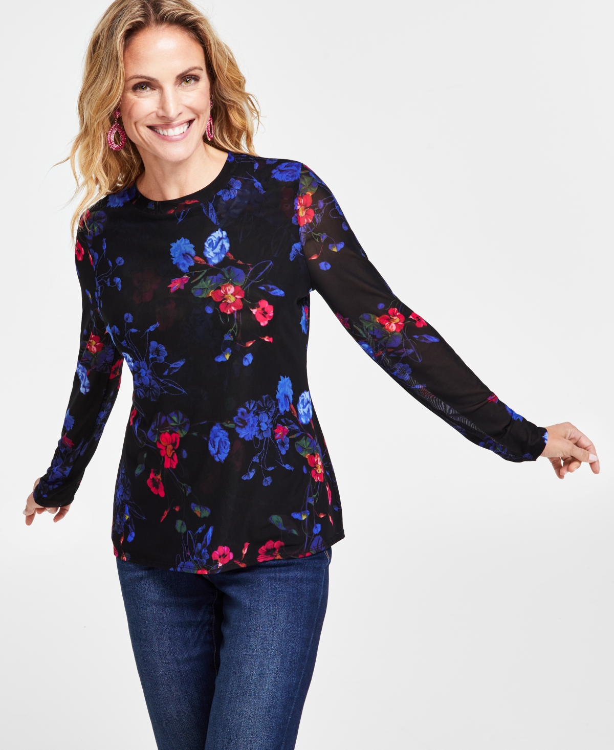 Inc International Concepts Women's Printed Mesh Top, Created For Macy's In Twilight Bouquet