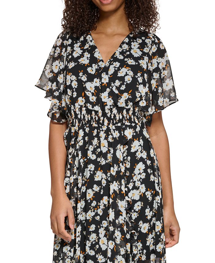 KARL LAGERFELD PARIS Women's Floral-Print Smocked Maxi Dress - Macy's