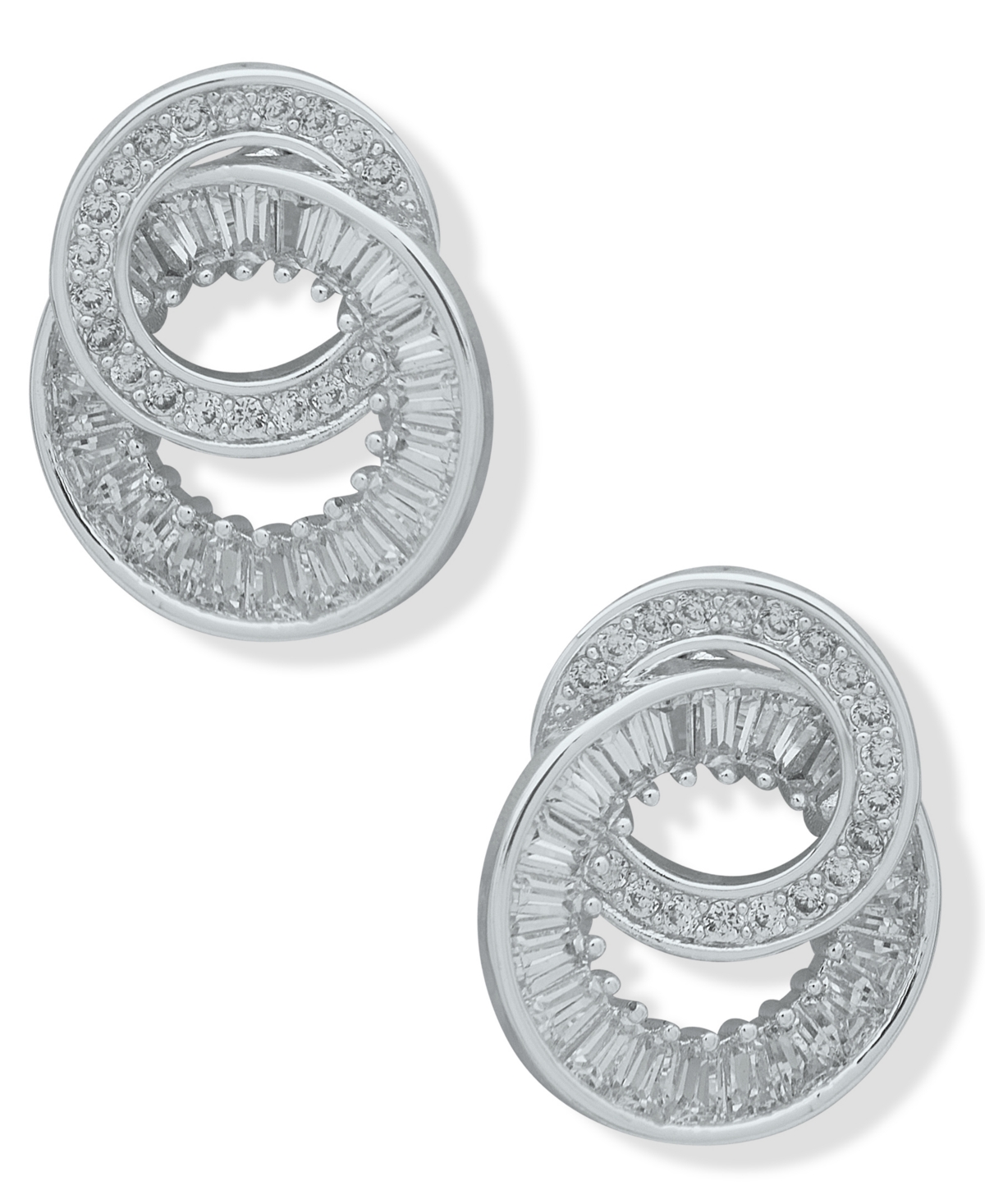 Anne Klein Silver-tone Cubic Zirconia Double Circle Button Earrings In Crystal