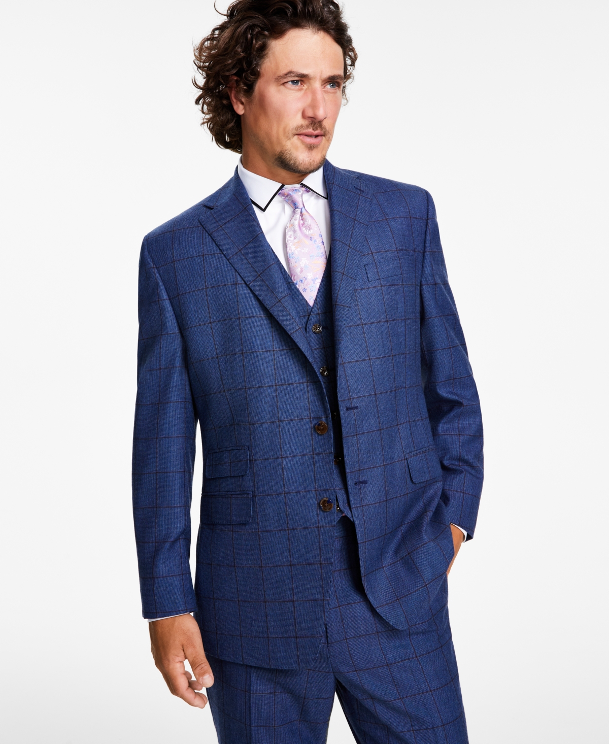 Men's Classic-Fit Stretch Navy Windowpane Suit Separates Jacket - Navy/brown