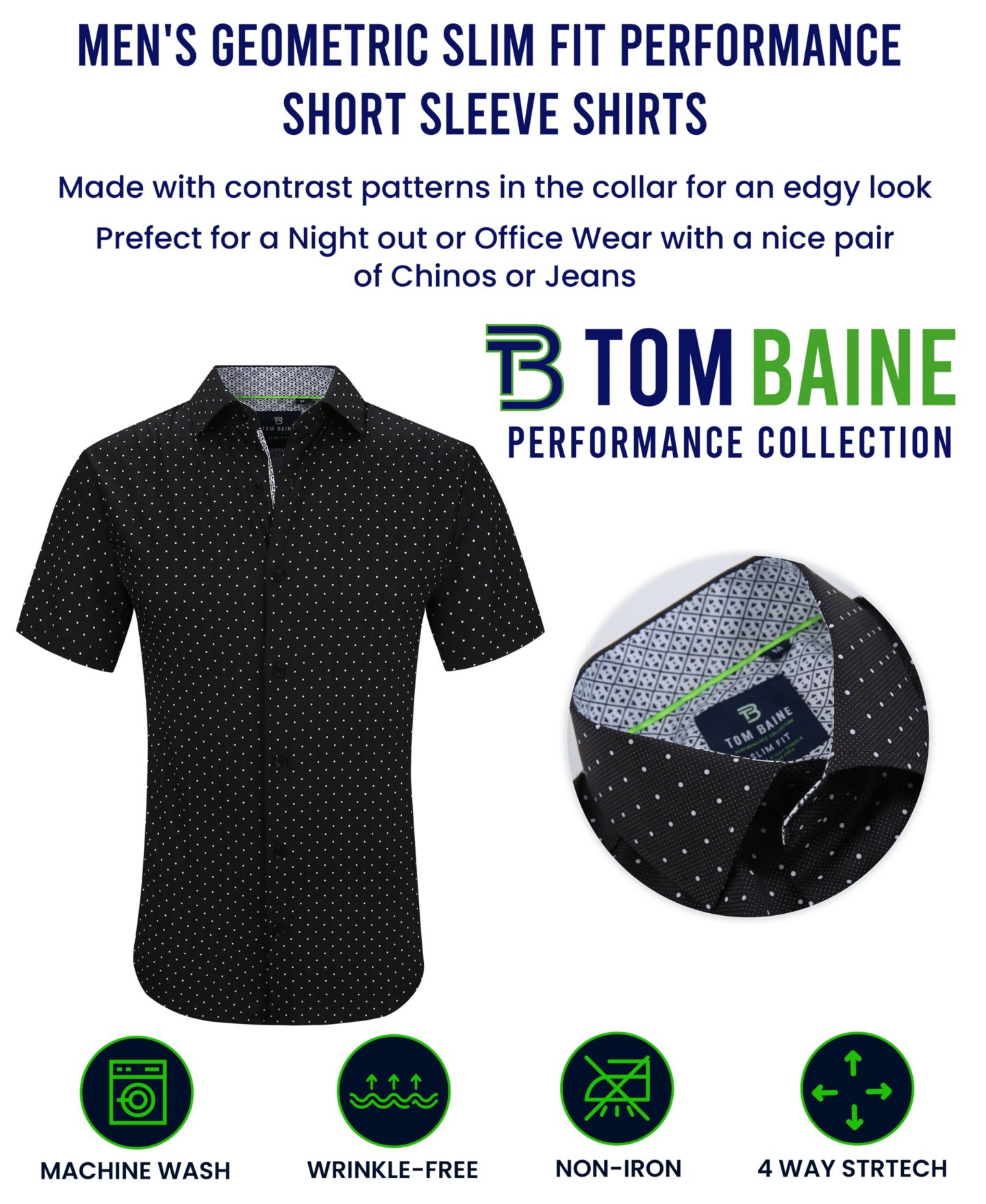 Мужская рубашка Tom Baine Slim Fit Short Sleeve Performance Stretch Button Down Dress Shirt, цвет: Чёрный — фото 4