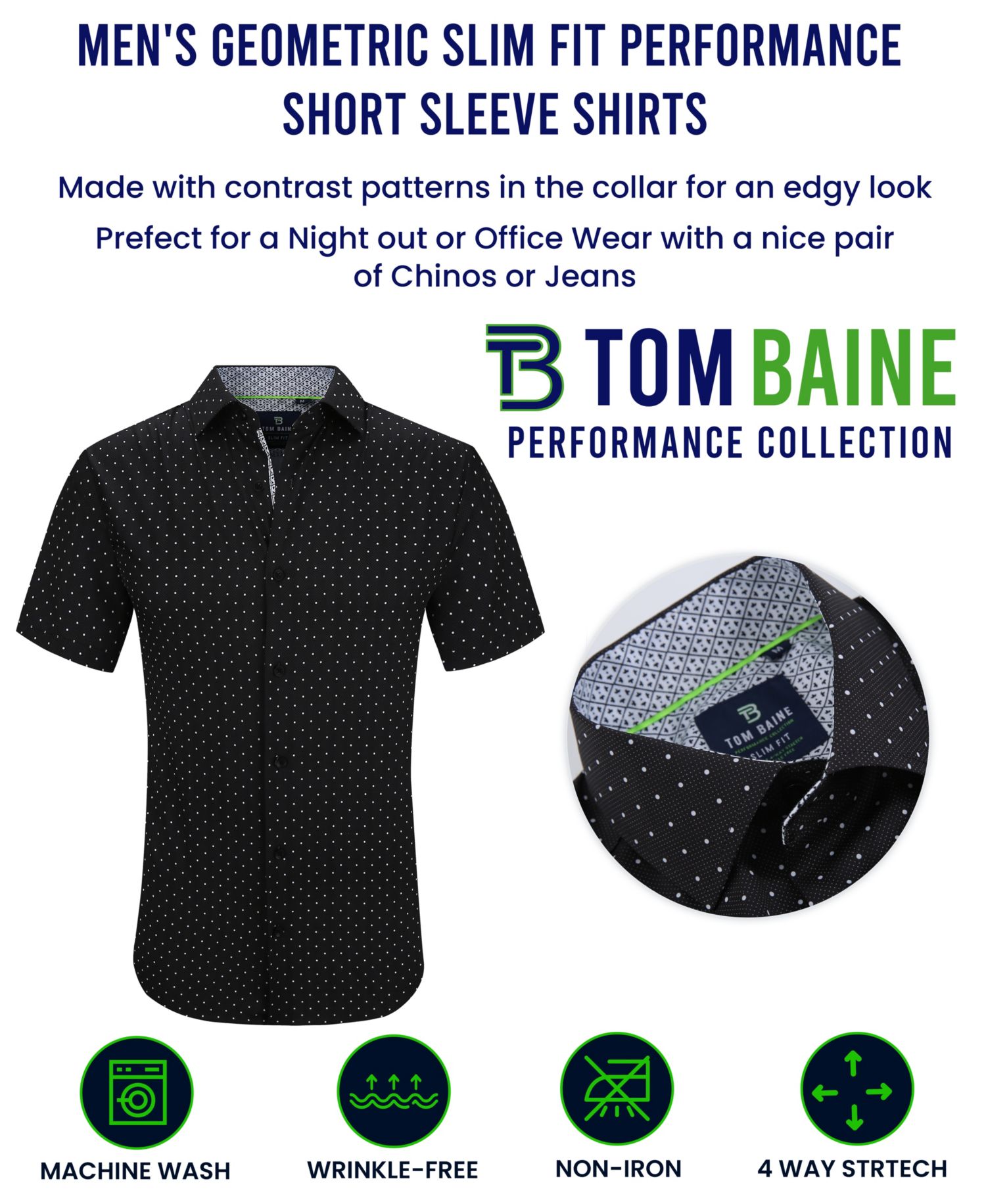 Men's Slim Fit Short Sleeve Performance Stretch Button Down Dress Shirt