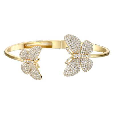 14k Gold Plated with Cubic Zirconia French Pave Butterfly Open Cuff Bangle Bracelet