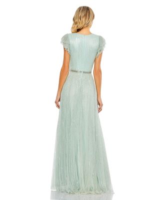 Women's Sequined Wrap Over Ruffled Cap Sleeve Gown
