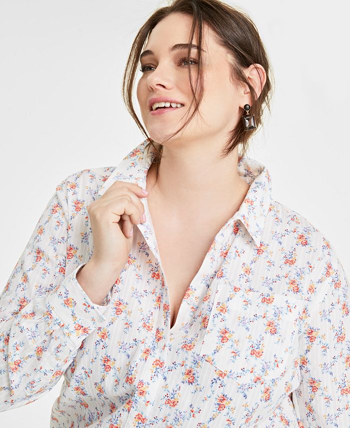 On 34th Plus Size Long-Sleeve Floral-Print Shirt, Created for Macy's ...