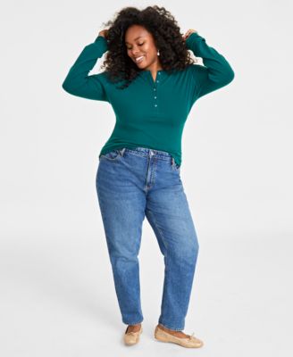 Plus Size Ribbed Long-Sleeve Henley Top, Created for Macy's