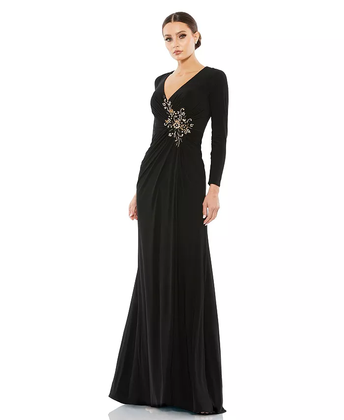 Women's Faux Wrap Long Sleeve Evening Gown with Appliqu&eacute; Detail