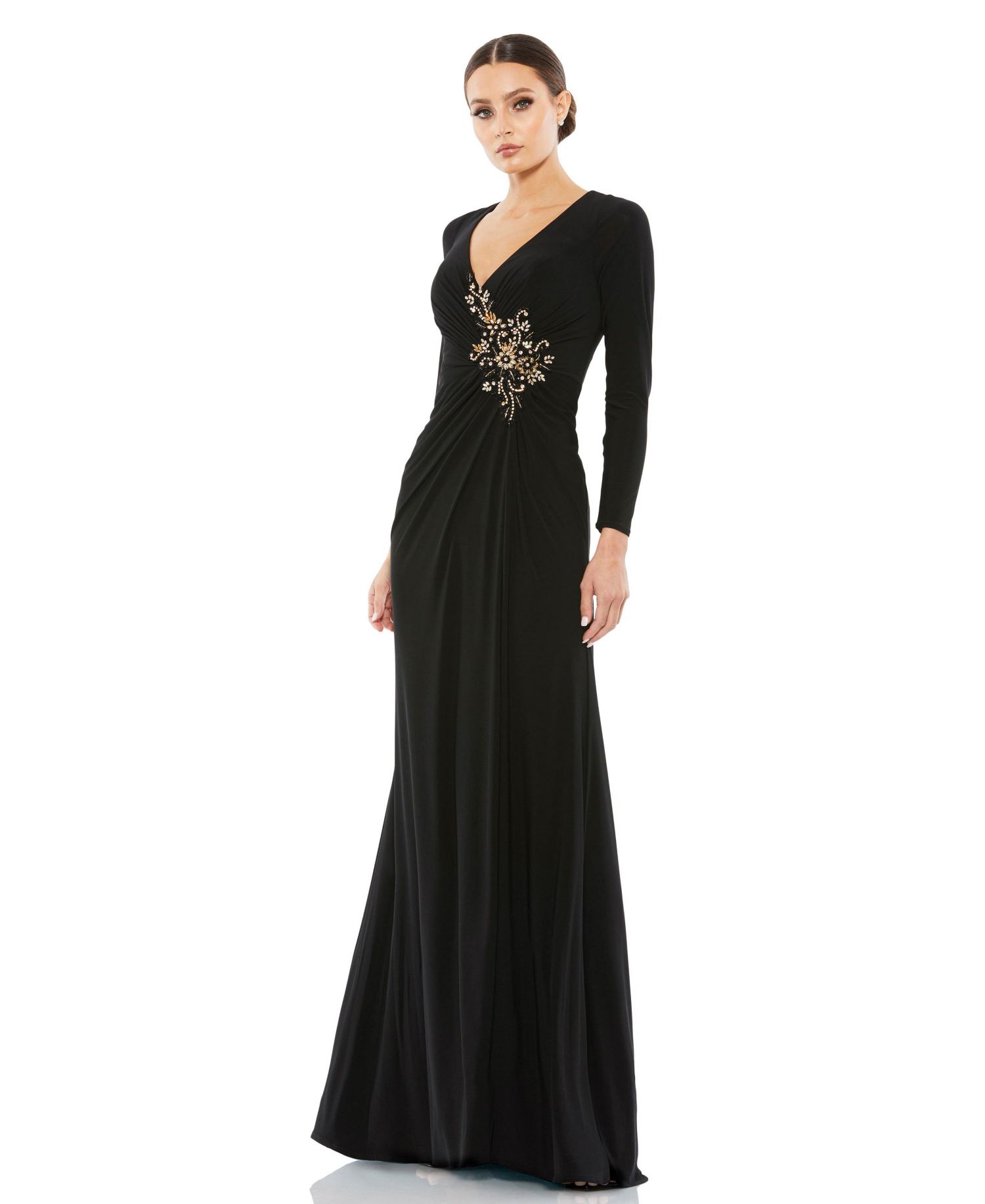 Women's Faux Wrap Long Sleeve Evening Gown with Appliqu&eacute; Detail