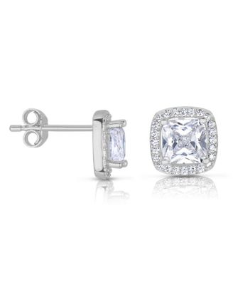 Sterling Silver Cubic Zirconia Vintage Cushion Cluster Halo Stud Earrings