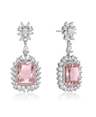 Sterling Silver with White Gold Plated Morganite Cushion with Clear Cubic Zirconia Halo Drop Earrings