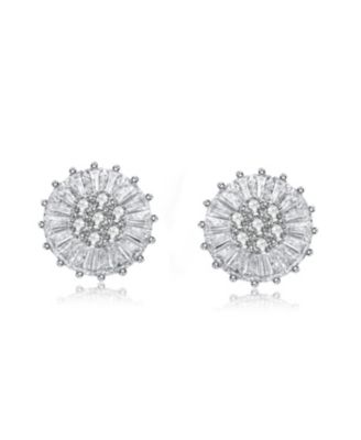 Sterling Silver with White Gold Plated Round and Baguette Cubic Zirconia Stud Earrings