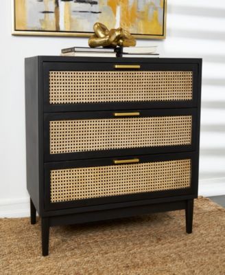 32" Wood 3 Drawer Cabinet with Cane Front Drawers and Gold-Tone Handles