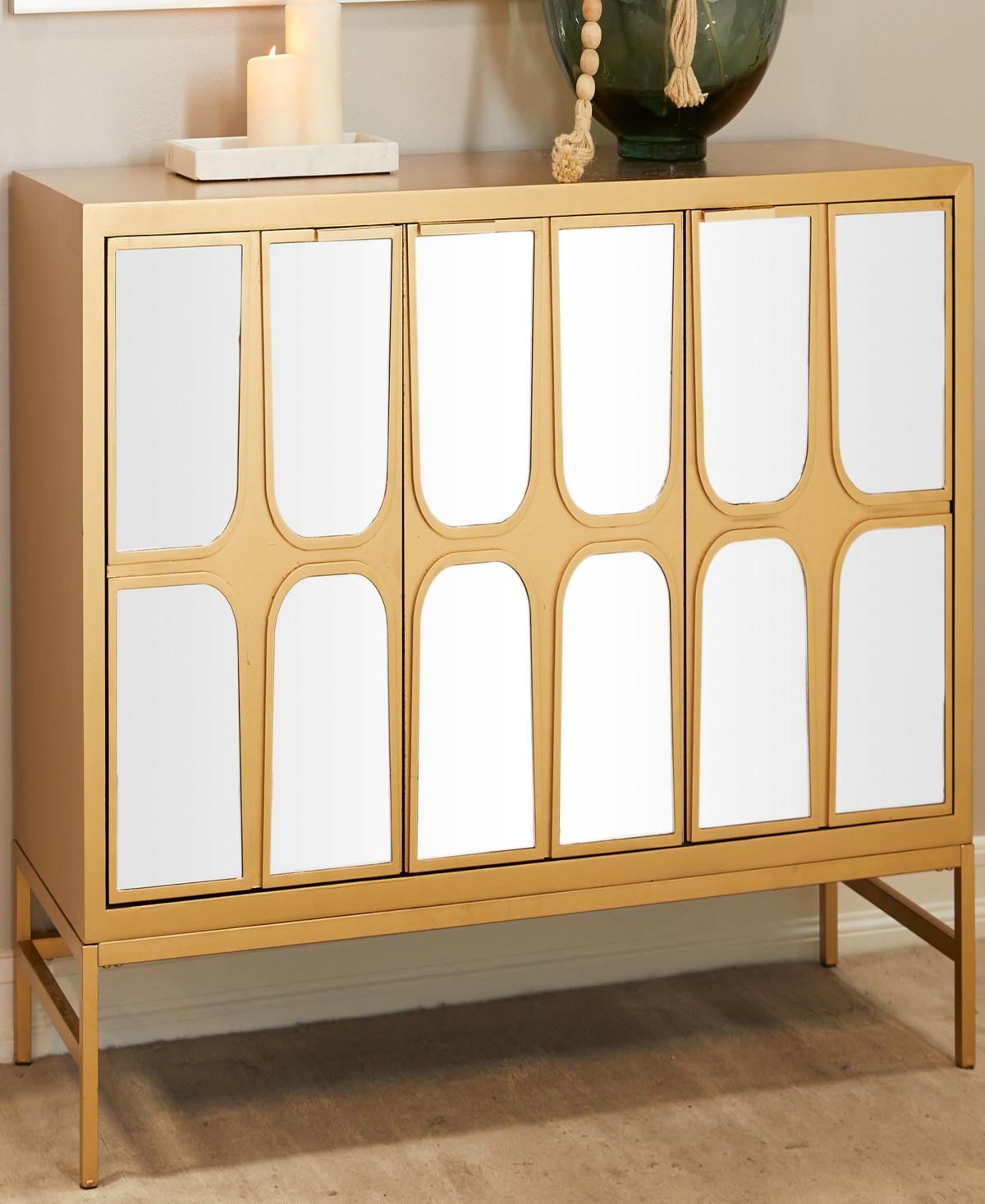 Rosemary Lane Wood 1 Shelf and 3 Doors Cabinet with Mirrored Front