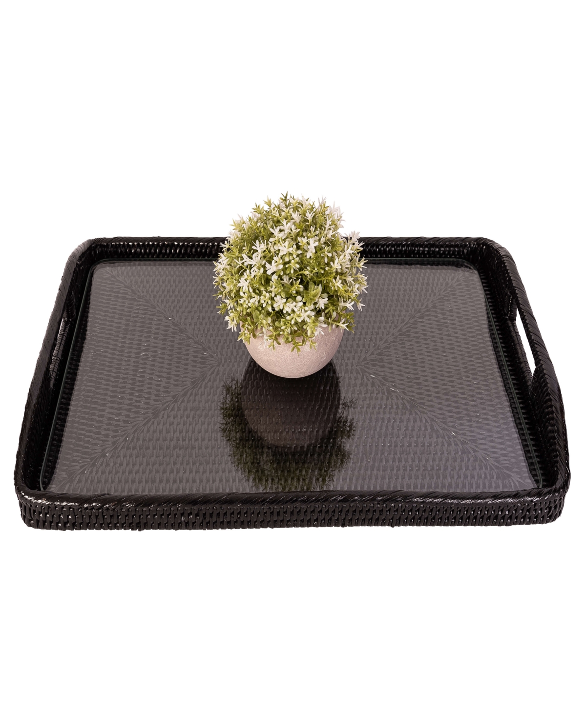 Artifacts Trading Company Artifacts Rattan Rectangular Tray With Glass Insert In Tudor Black