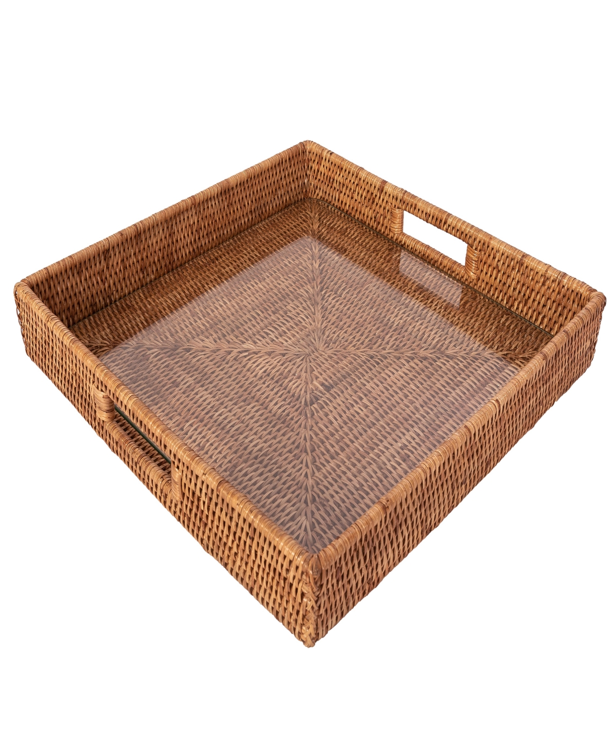 Artifacts Trading Company Artifacts Rattan Square Serving Ottoman Tray With Glass Insert In Honey Brown
