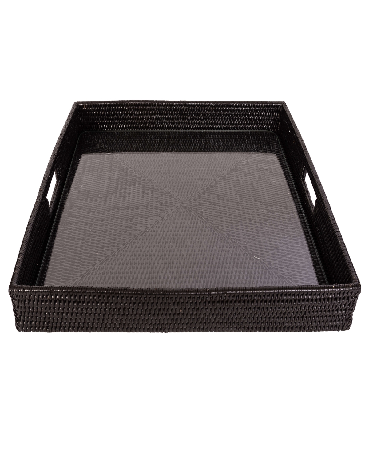 Artifacts Trading Company Artifacts Rattan Square Serving Ottoman Tray With Glass Insert In Tudor Black