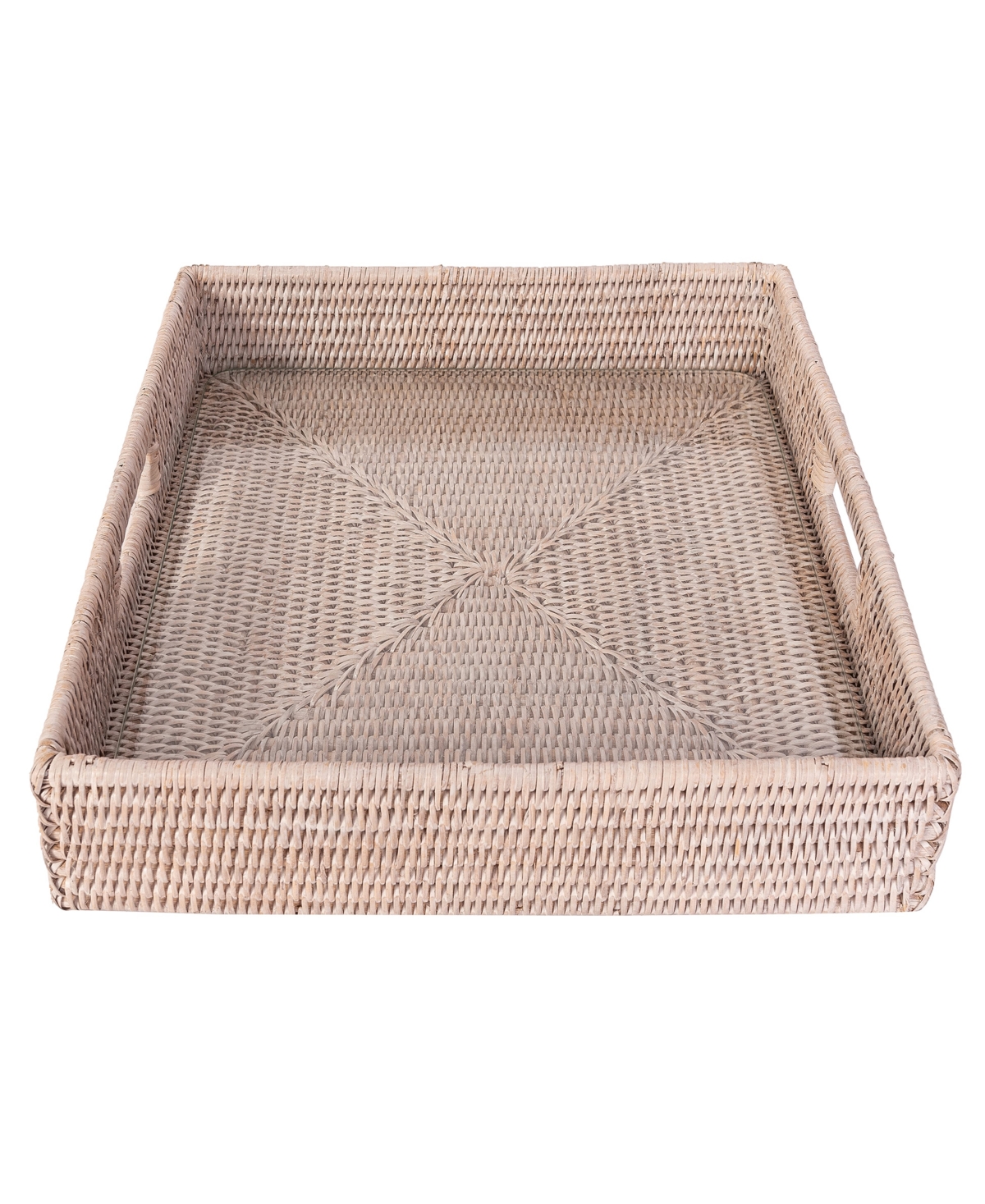 Artifacts Trading Company Artifacts Rattan Square Serving Ottoman Tray With Glass Insert In White Wash