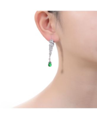 Sterling Silver White Gold Plated with Green and Clear Cubic Zirconia Fauna Drop Earrings