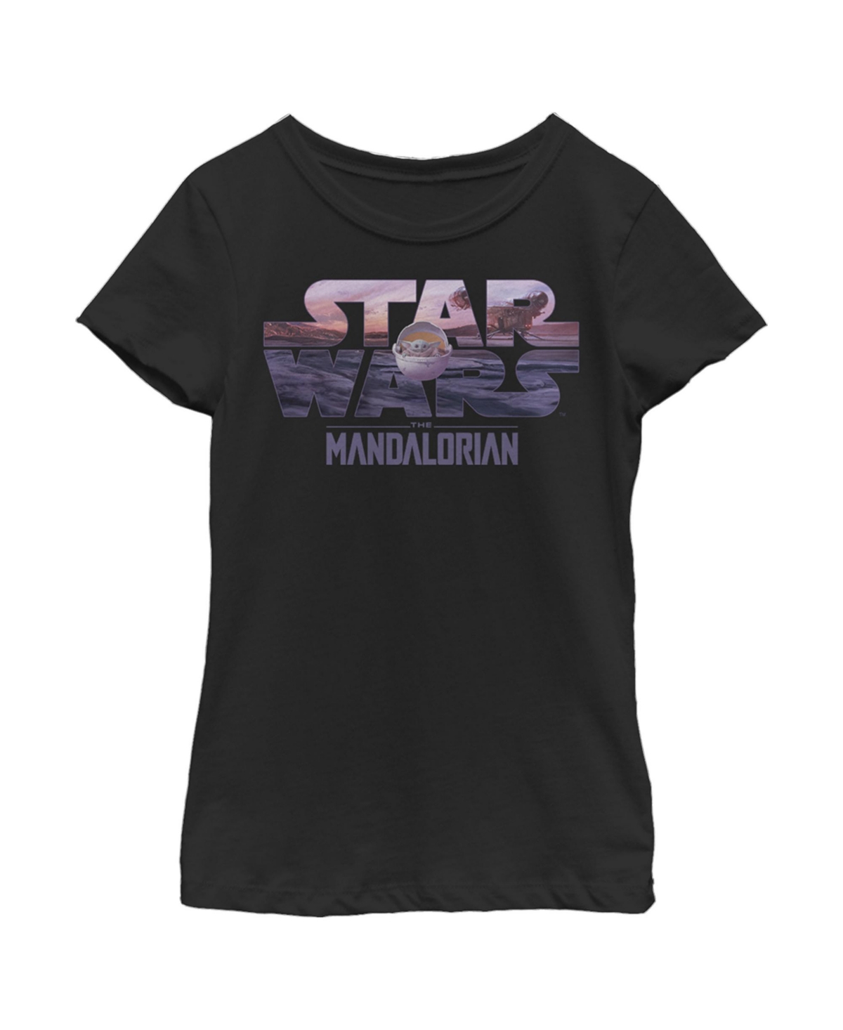 Disney Lucasfilm Girl's Star Wars: The Mandalorian The Child Sunset Logo Child T-shirt In Black