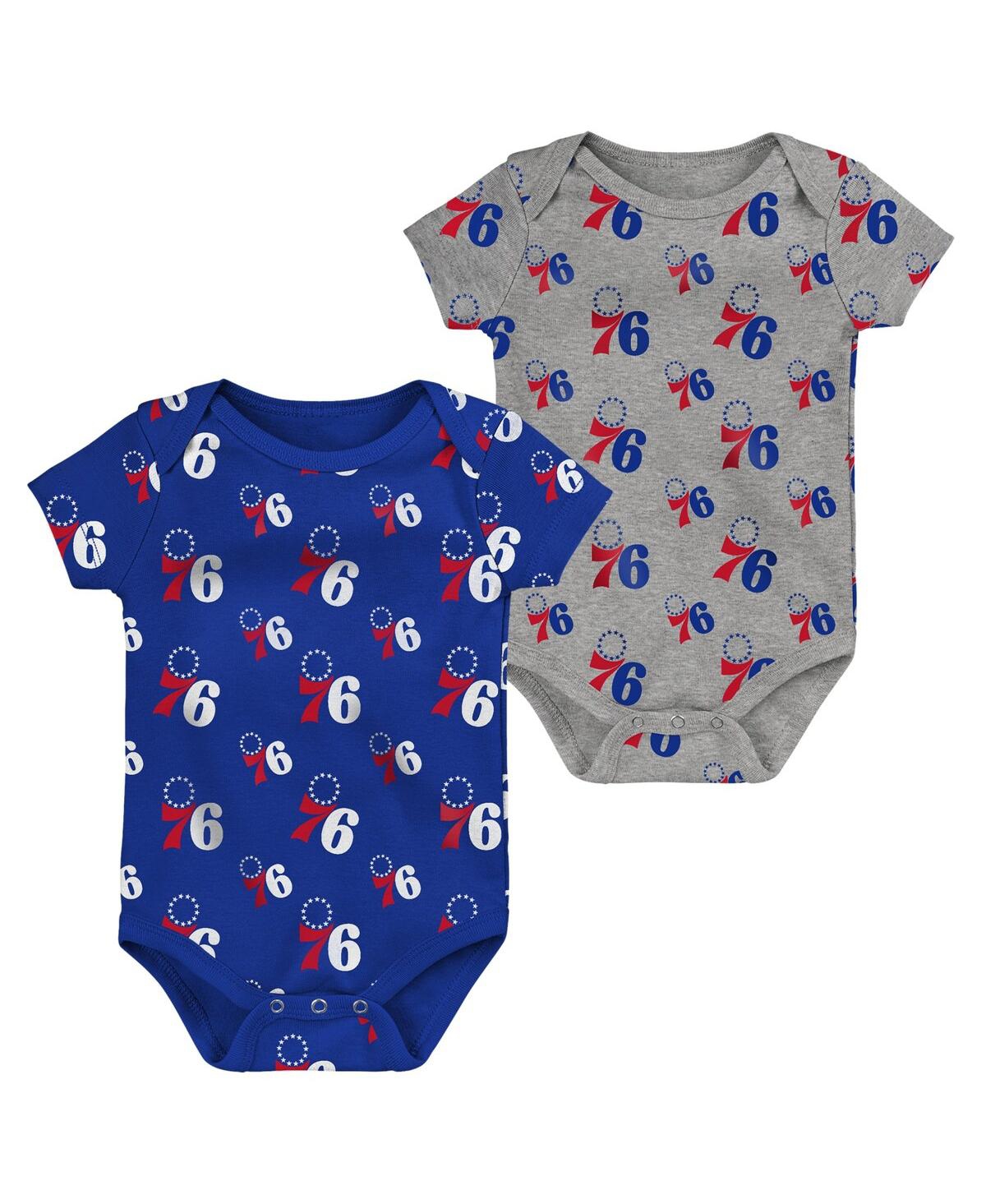 Outerstuff Babies' Newborn And Infant Boys And Girls Royal, Gray Philadelphia 76ers Two-pack Double Up Bodysuit Set In Royal,gray
