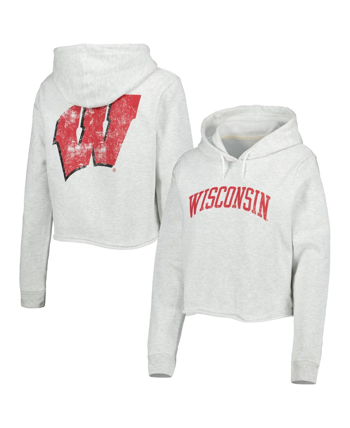 Women's League Collegiate Wear Ash Wisconsin Badgers 2-Hit 1636 Cropped Pullover Hoodie - Ash